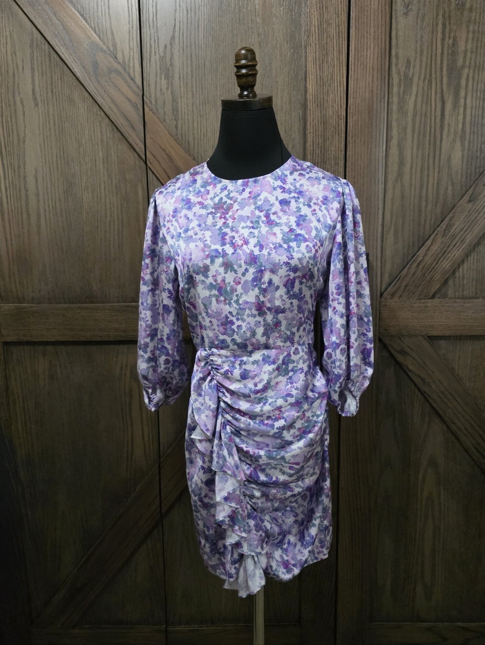 Maje Lavender Floral Ruched-Side Long Sleeve Dress